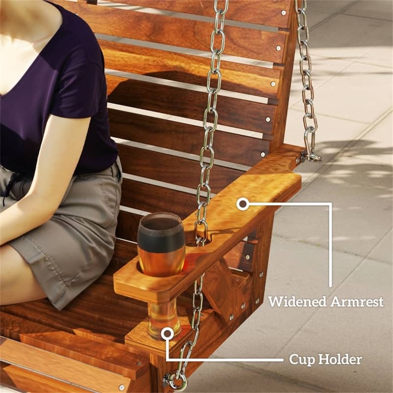 Fir and Pine Wood 3 Seater Outdoor Swing Chair with Cupholders Adjustable Chains for Patio Garden Deck - 63" W x 26.4" D x 24" H