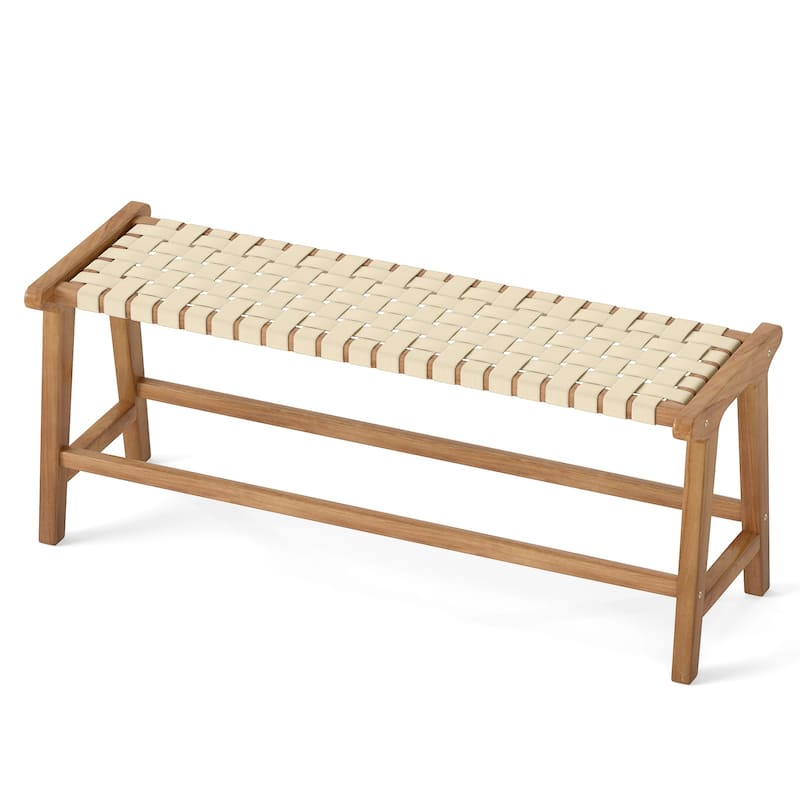 Natural-Beige Teak Wood Patio Bench with Woven Seat - 47" x 16" x 19.5"