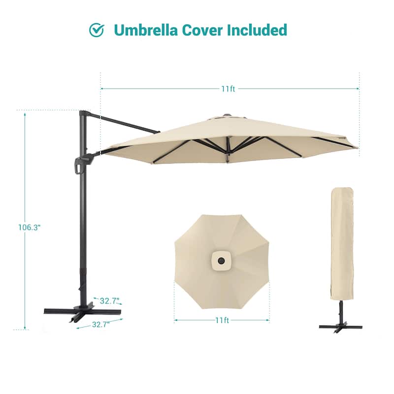 BONOSUKI 11FT LED Cantilever Patio Umbrella 360 Rotation w/Cross Base