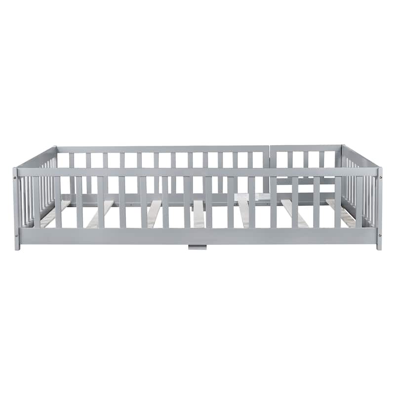 Full Size Floor Bed with Fence and Door,Rubber Wood Floor Bed with Safety Guardrails