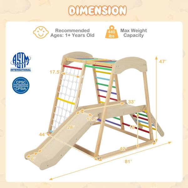 6-in-1 Indoor Jungle Gym Kids Wooden Playground with Monkey Bars-Multicolor - Multicolor - 81" x 44" x 47"