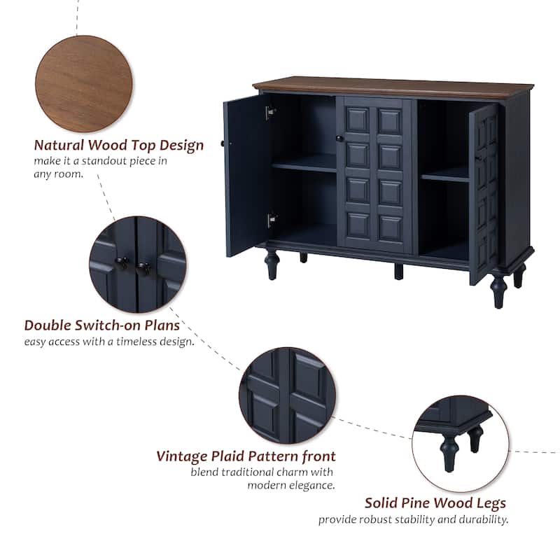 COZAYH Vintage Storage Cabinet With Plaid Pattern Front, Rustic Sideboards With Push-to-open Doors For Bedroom, Living Room