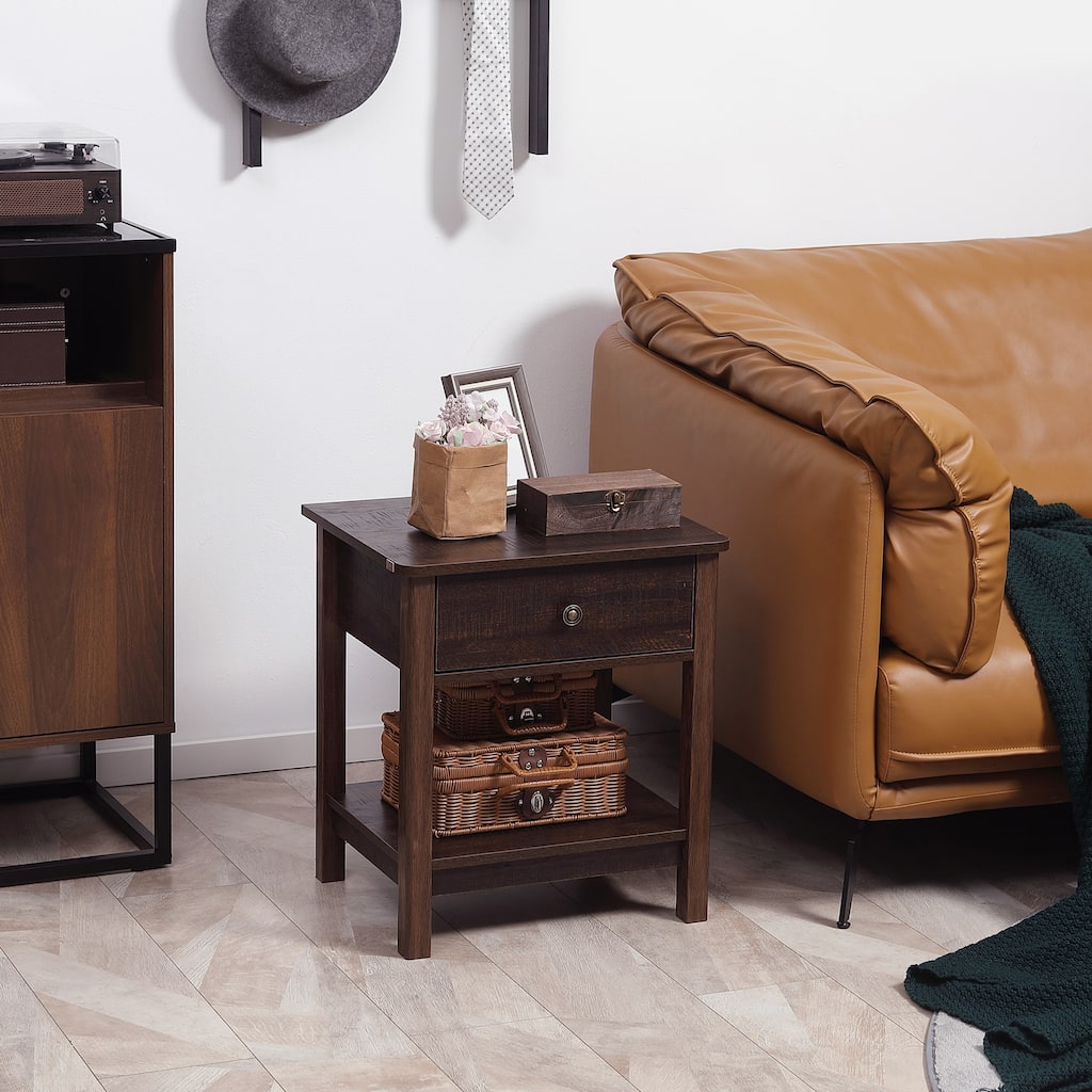 HOMCOM Bedside Night Stand with Drawer, Top and Bottom Shelf for Small Spaces, Dark Brown