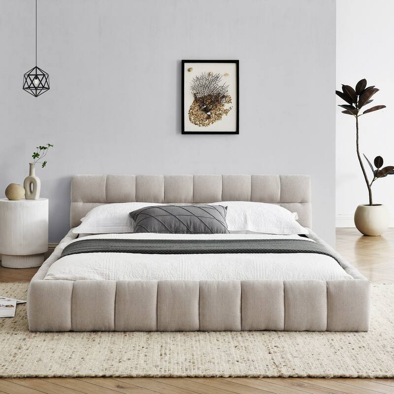 Chenille Fabric Grounded Queen Size Platform Bed with Headboard and Solid Frame