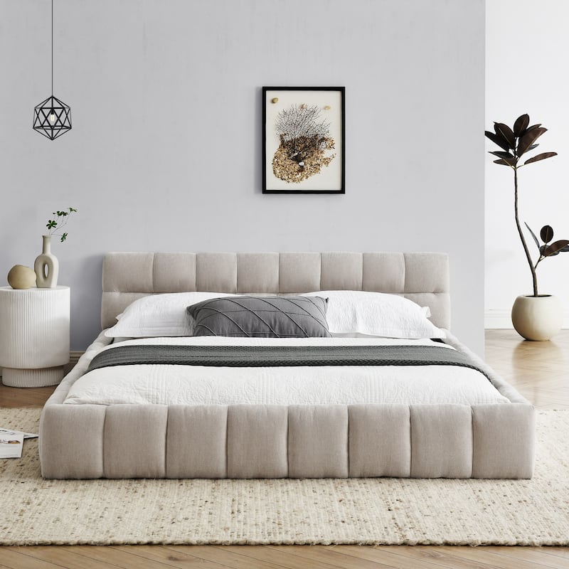 Queen Size Chenille Fabric Upholstered Bed Frame w/ Headboard & Solid Frame Grounded Platform Bed, Beige