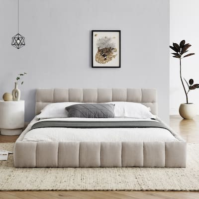Queen Upholstered Grounded Bed Frame, Chenille Fabric Floor Platform Bed with Tufted Headboard and Solid Frame