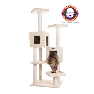 Multi-Level Real Wood Cat Tree With Two Spacious Condos, Perches - Beige