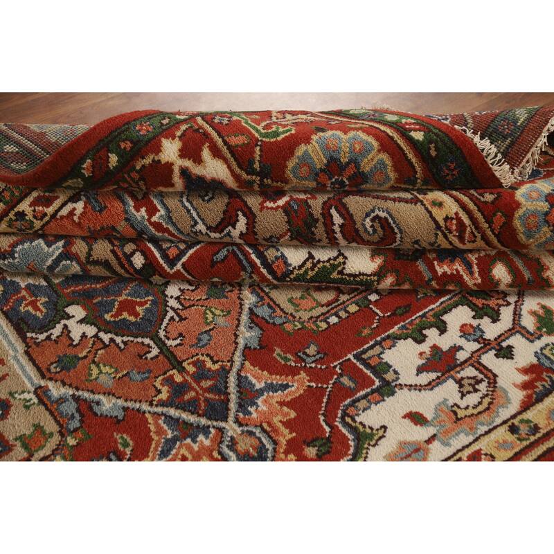 Hand Knotted Oriental 100% Wool Carpet Traditional Medallion Beige & Ivories Heriz (serapi) Area Rug - 11' 9'' X 8' 6''