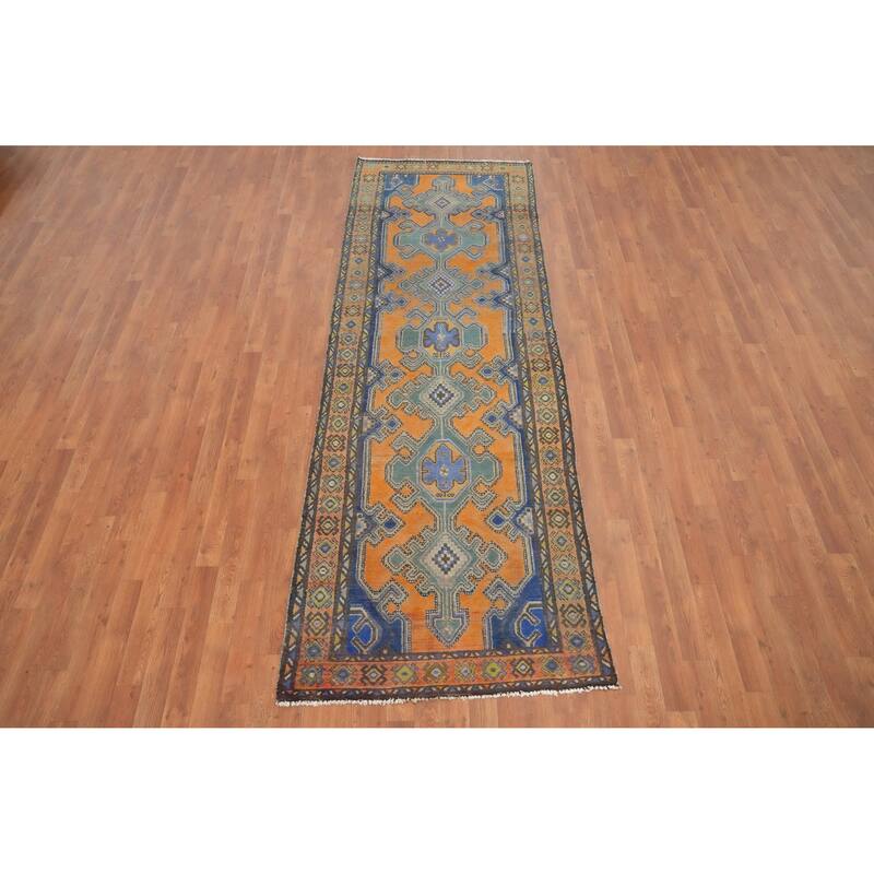 Hand Knotted Oriental 100% Wool Carpet Traditional Geometric Oranges & Rust Hamedan Runner Rug - 9' 7'' X 3' 3''
