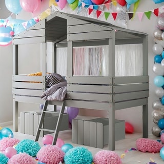 Contemporary Twin Size Low Loft Wood House Bed with Two Drawers, Sturdy Construction & Unique Design, Maximized Space, Grey