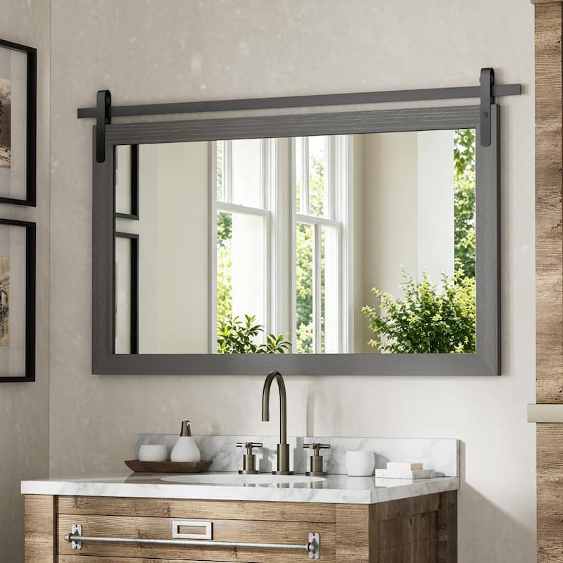 Farmhouse Barn Door Solid Wood Frame Bathroom Vanity Wall Mirror - 40W * 26H Inches - Grey