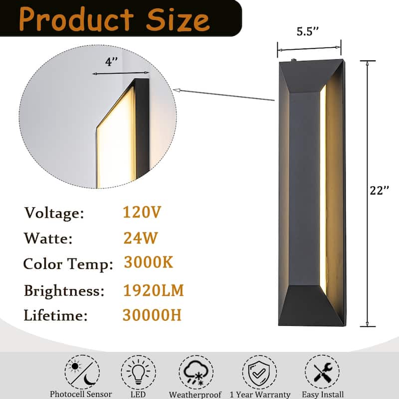 H22" Large Dusk to Dawn Modern Integrated LED Exterior Wall Sconce with Black Trapezoid Design and Acrylic Shade for Garage