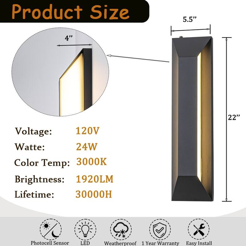 Large Dusk to Dawn Modern Outdoor Wall Light Exterior Wall Sconce with Black Trapezoid Design and Acrylic Shade(2 Pack) - W6"