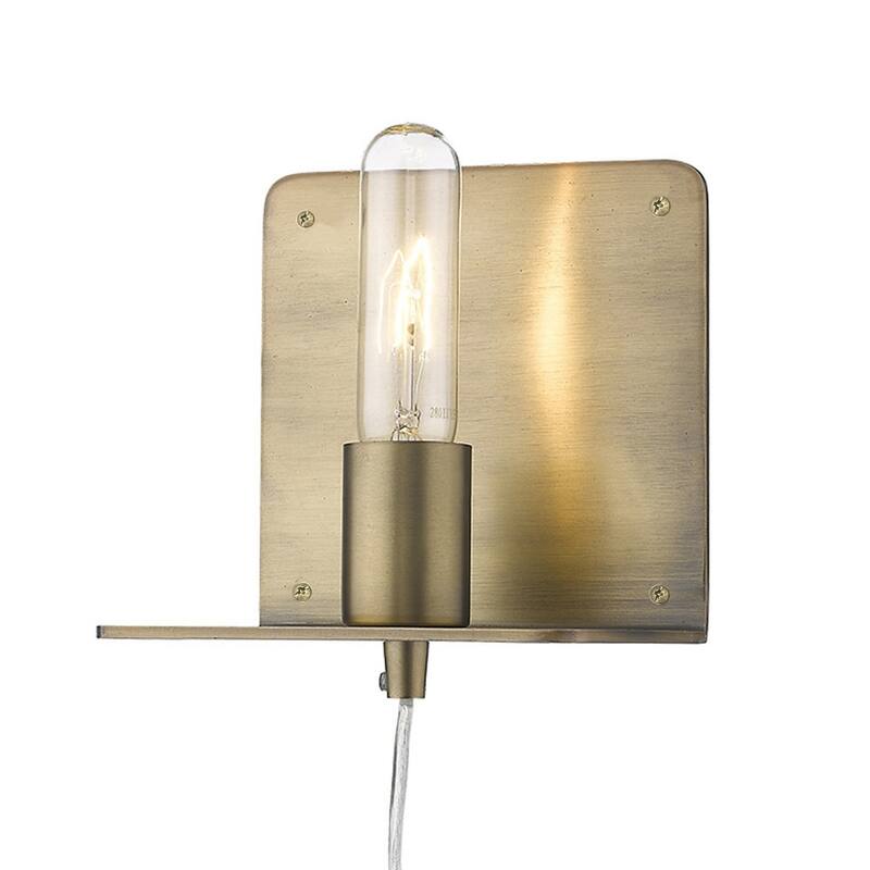 Modern Dull Gold Plug-In Wall Sconce with Shelf Steel Flush Mount Light Fixture LED Compatible - 6" H x 5" W x 5" D