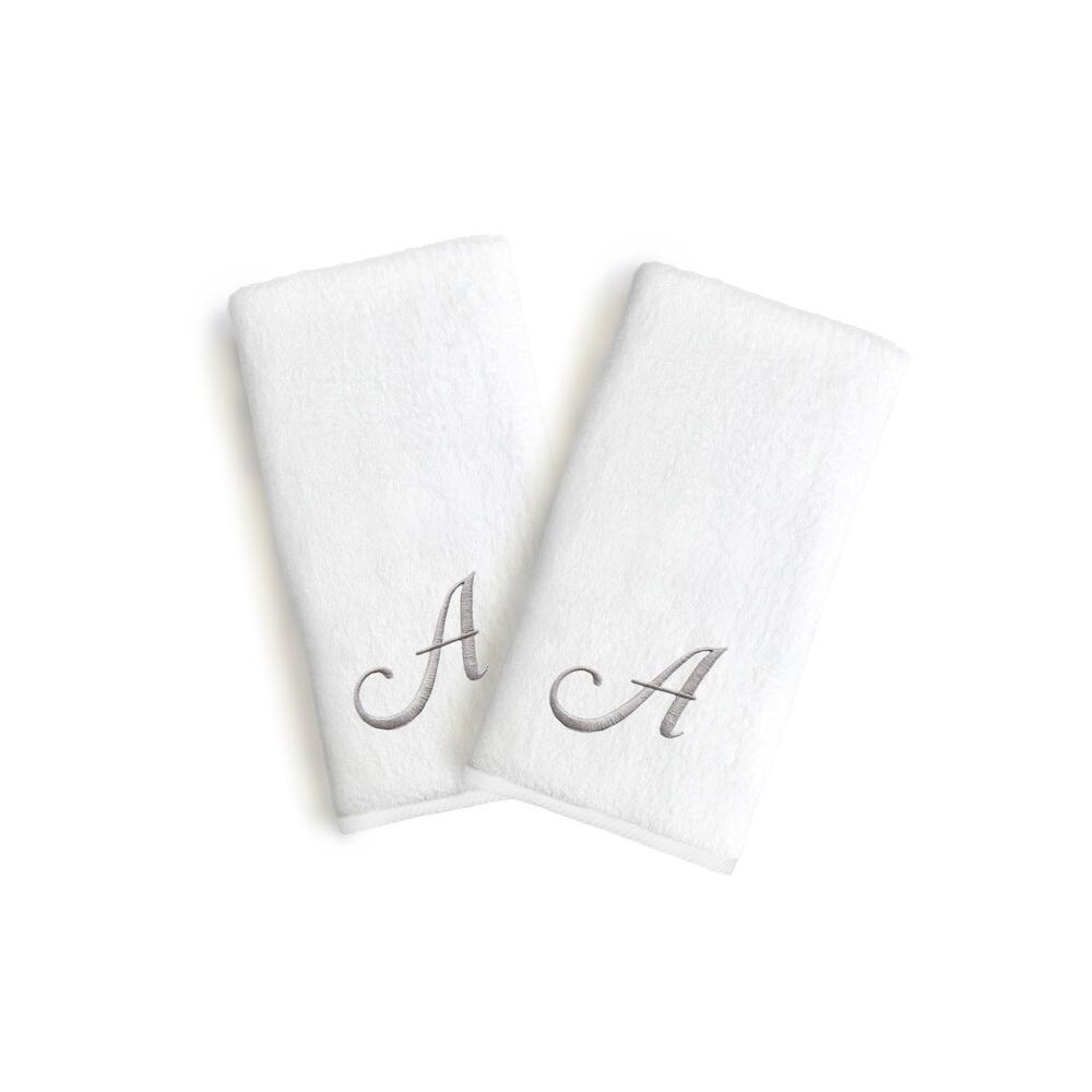 Copper Grove Belgrad 2-piece White Turkish Cotton Hand Towels with Grey Script Monogrammed Initial