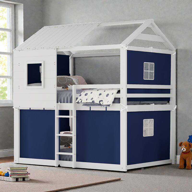 Twin/Full Wood House Bunk Bed with Tent, Playhouse Design, Windows & Roof, Solid Wood Frame, No Box Spring Required