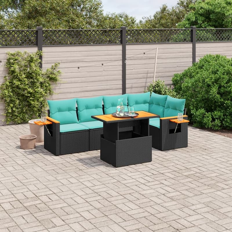 vidaXL Patio Sofa Set with Cushions Outdoor Furniture 6 Piece Poly Rattan - 21.7 x 24.4 x 27.2 - Black