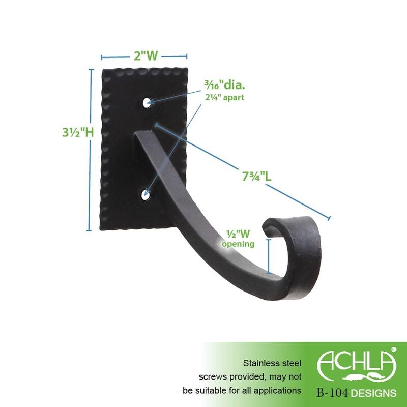 Achla Designs Set of 2 Lodge Up Curled Brackets w/Multiple Hooks, 7.75 Inch Long, Black Powder Coat Finish