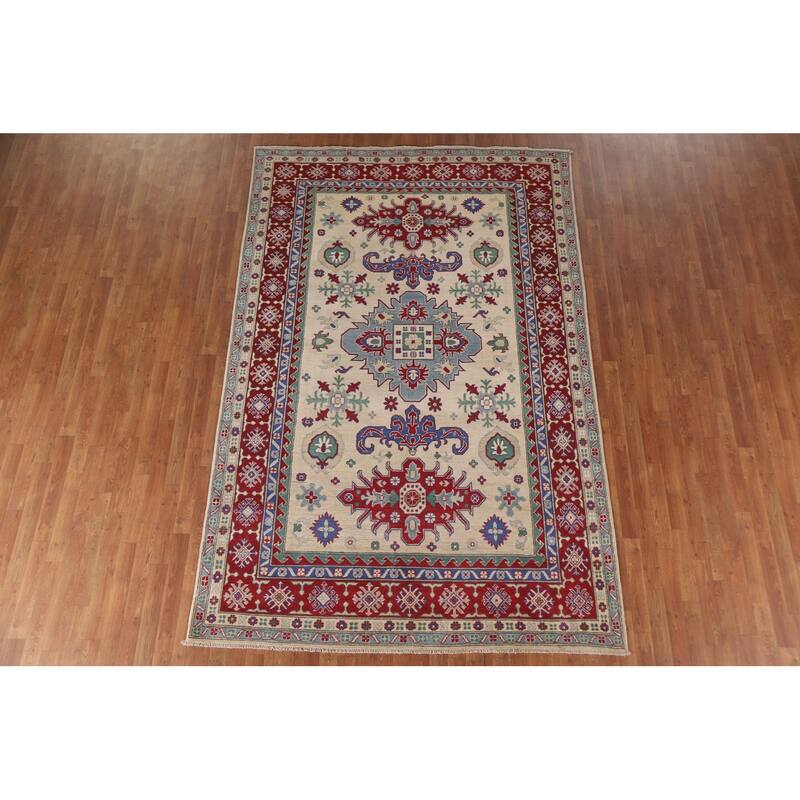 Hand Knotted Oriental 100% Wool Carpet Traditional Geometric Beige & Ivories Kazak Area Rug - 10' 1'' X 6' 7''