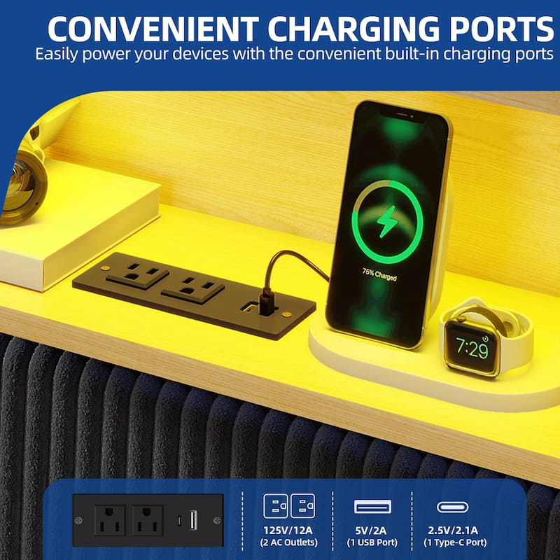 Moasis Corduroy Upholstered Platform Bed Frame with Charging Station and RGB LED Lights