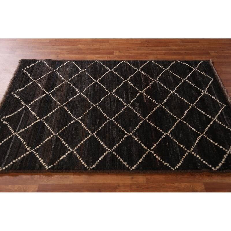 Black Trellis Moroccan Oriental Rug Handmade Wool Carpet - 4'1" x 6'1"