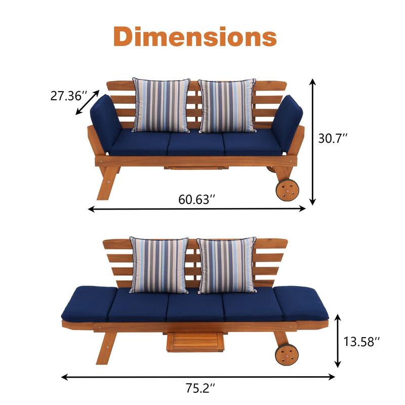 Outdoor Daybed Wooden Folding Lounge Chair with Front Tray and Wheels