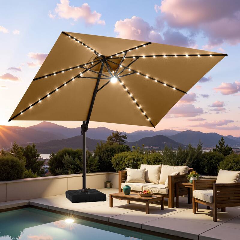 10 FT x 13 FT Outdoor Patio Premium LED Lighted Double Top Cantilever Offset Umbrella with Base - Tan