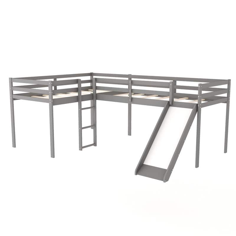 Wooden Twin Size L-Shaped Loft Bed with Ladder and Slide
