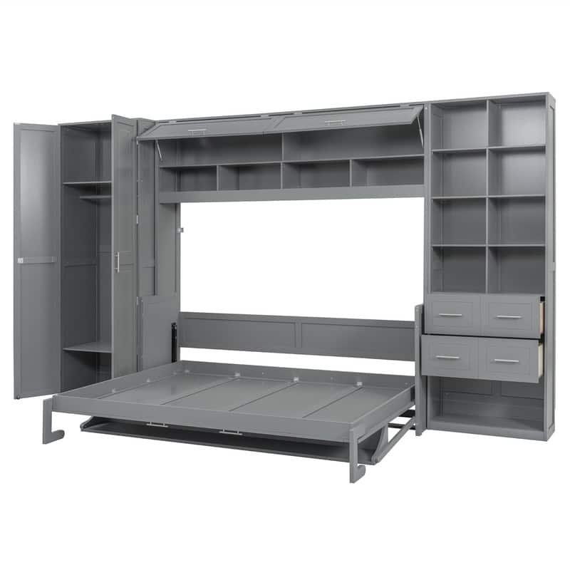 Full/Queen Size Murphy Wall Bed with Closet and 2 Storage Drawers, Space Saving Foldable Murphy Cabinet Bed with Storage Shelves