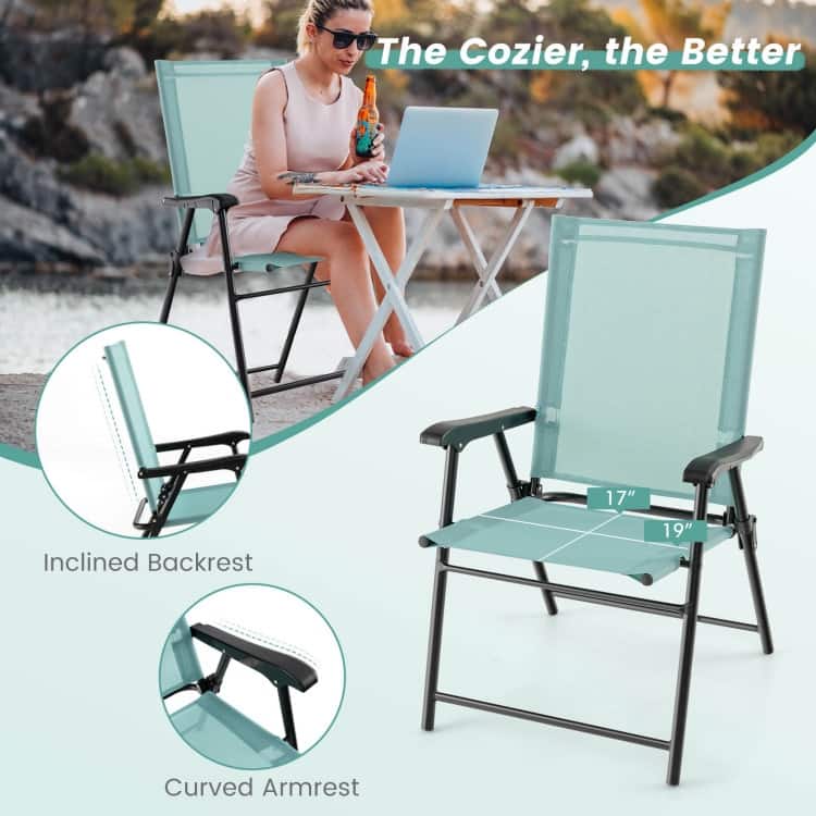 2 Set of Patio Dining Chair with Armrests and Metal Frame-Blue - 25.5" x 24" x 37" (L x W x H)