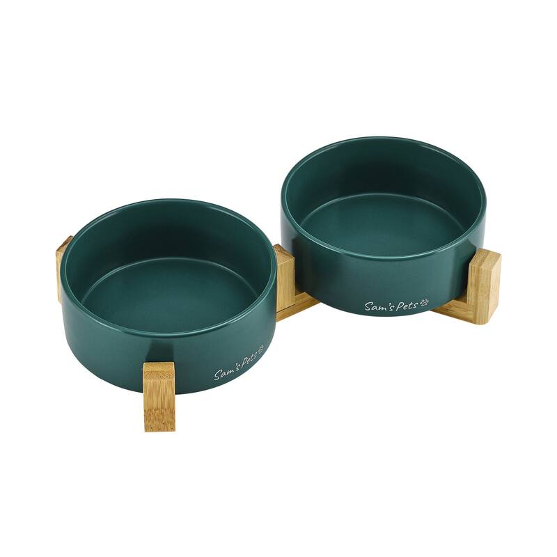 Coco Dual Pet Bowl with Wood Stand 5.11'' in Green - 10.8