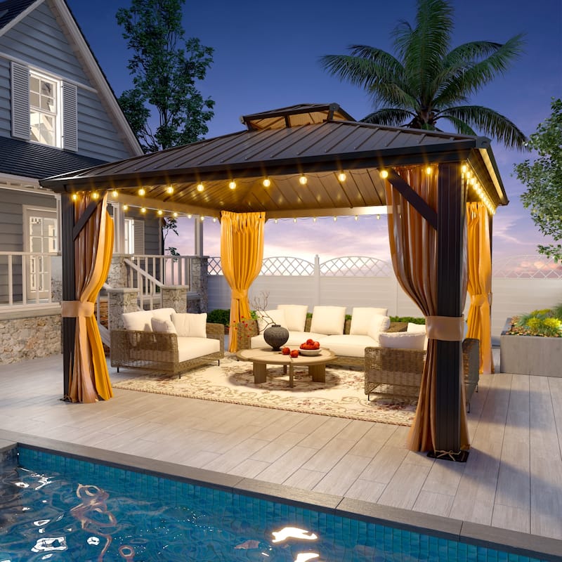 Erommy Hardtop Gazebo with Aluminum Frame and Double Roof, Permanent Outdoor Gazebo Includes Curtains&Netting for Patio Backyard - 10'x10' - Aluminum Frame