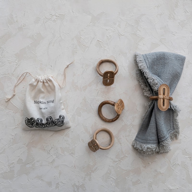 Woven Bamboo Napkin Rings in Linen Drawstring Bag - 2.3"L x 2.3"W x 2.5"H