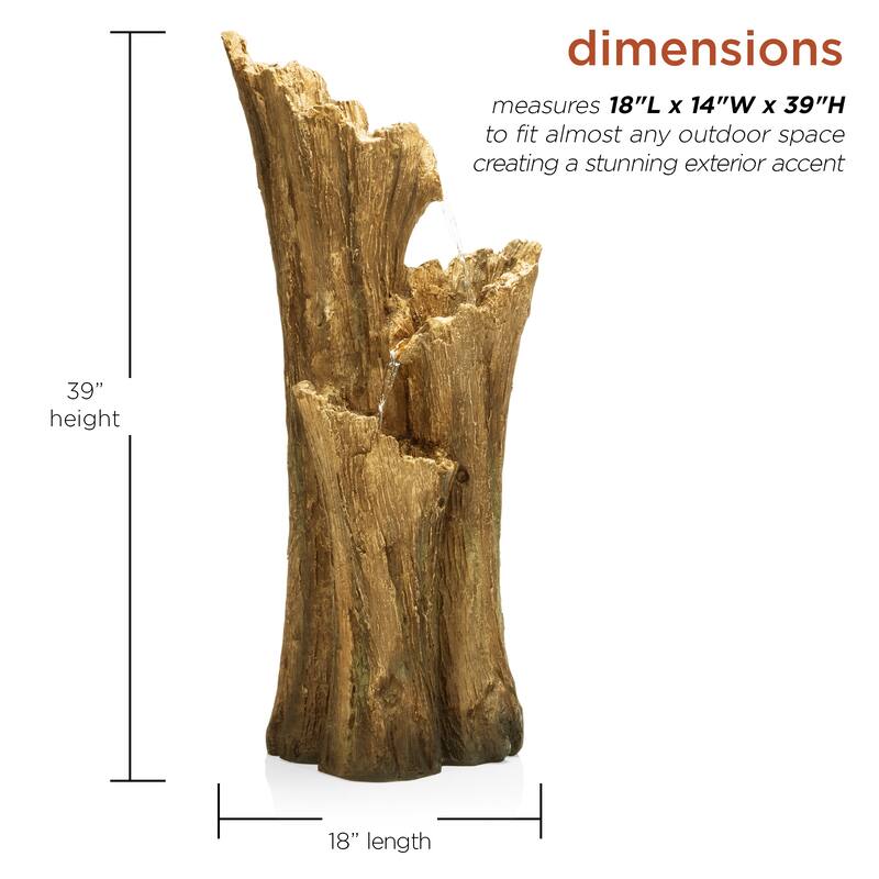 Alpine Corporation TZL210 39 Outdoor 3-Tiered Aged Log Water Fountain with LED Lights Garden Water Feature