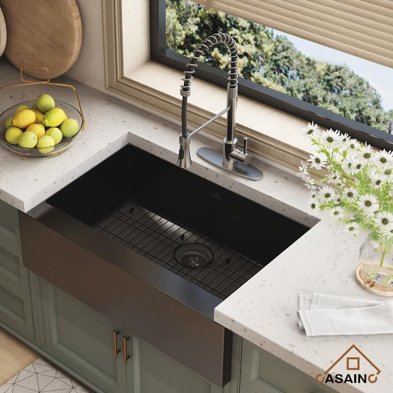All-in-one Handmade 33 in. Stainless Steel 18-gauge Single Bowl Farmhouse/Apron-Front Kitchen Sink in Nano PVD with Accessories
