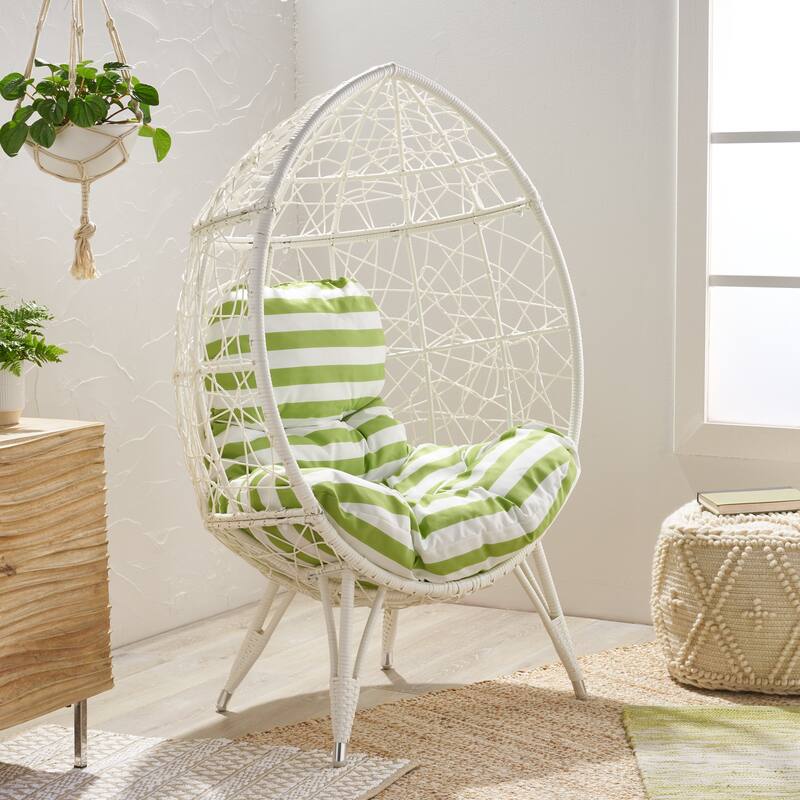 Christopher Knight Home Gavilan Indoor Wicker Teardrop Chair with Cushion - White+Green Cushion