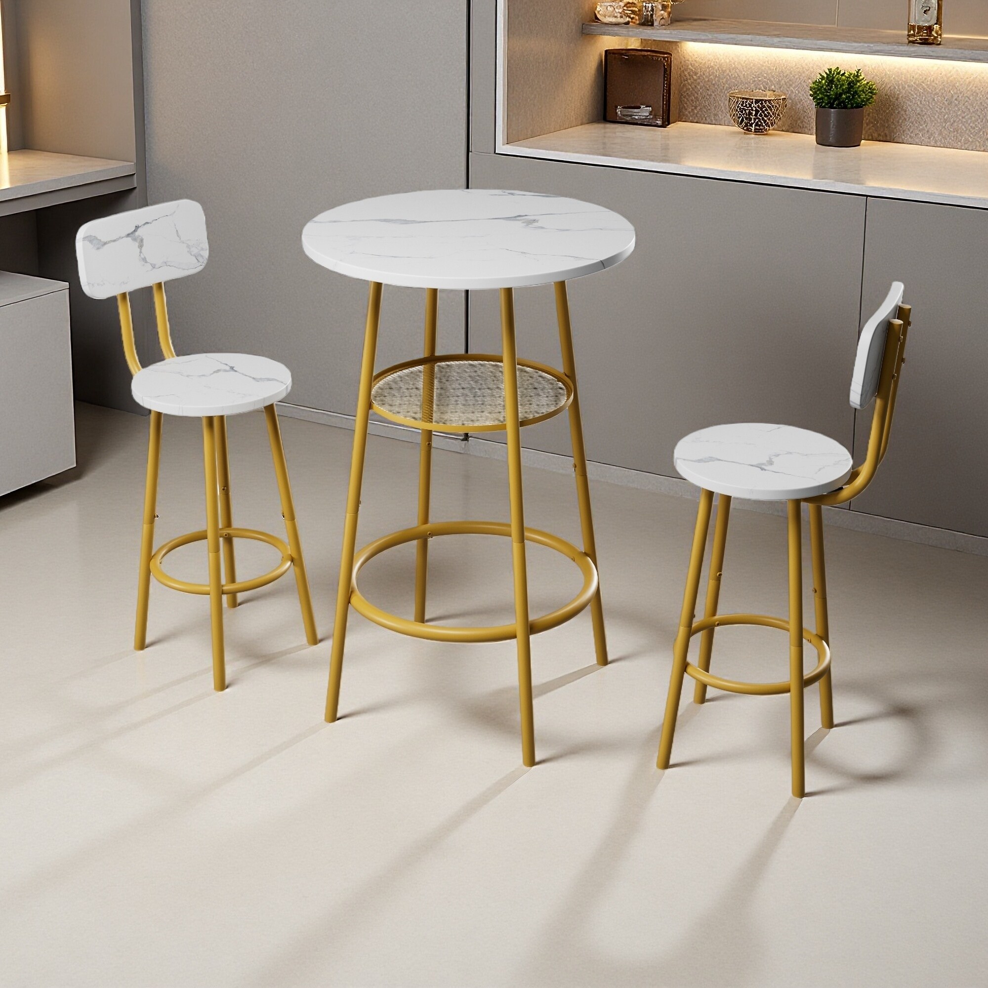 3-Piece Round Bar Table Set with 2 Stools, MDF & Metal, Small Kitchen/Dining Room