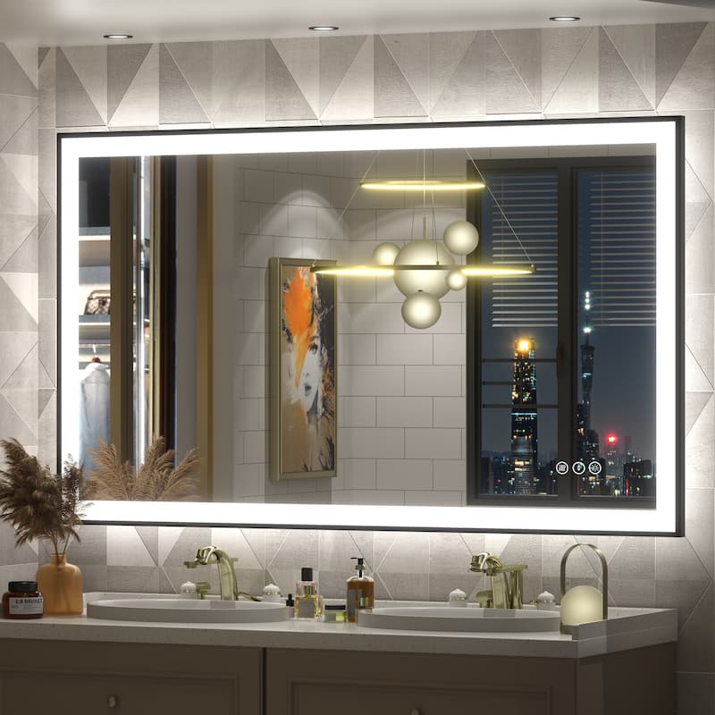 Front & Back LED Anti-Fog Tempered Glass Framed Bathroom/Vanity Mirror 3-Year Warranty - 51" x 30"-Square Corner - Black
