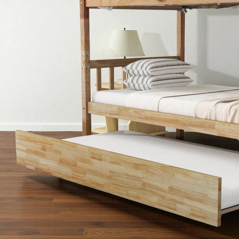 Twin Over Twin Rubber Wood Bunk Bed with Trundle, Convertible into Twin Beds, Ladder and Safety Guardrails