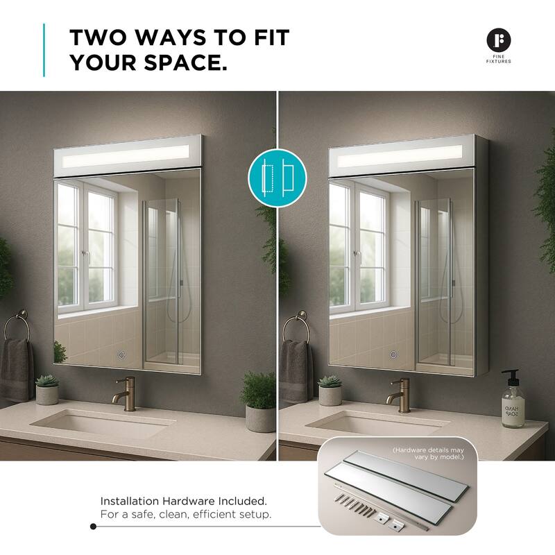 Bathroom Medicine Cabinet, Aluminum, Recessed/Surface Mount, Mirrored Interior w/LED