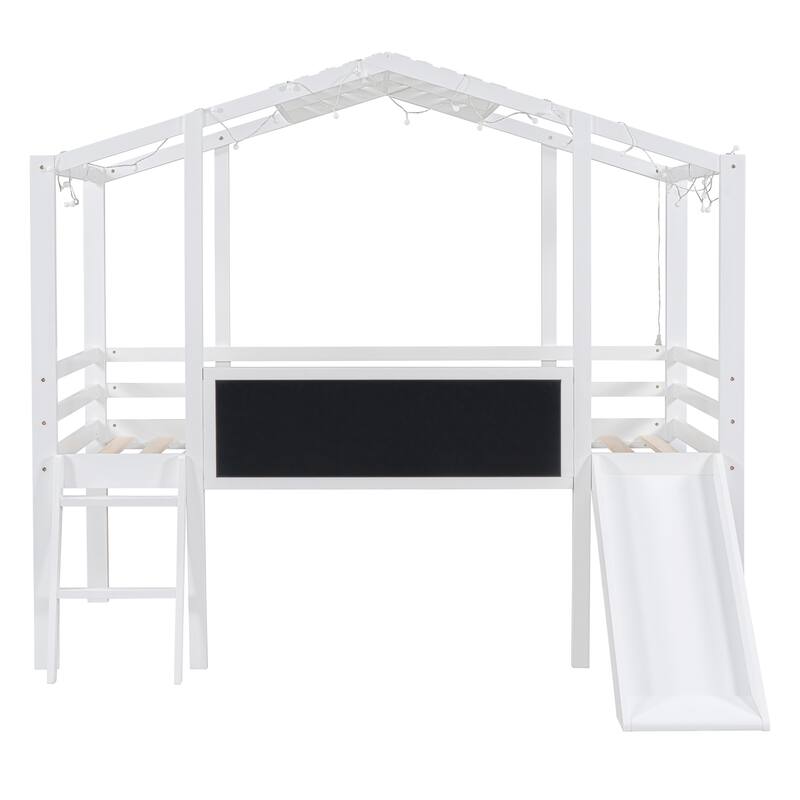 Twin Size Loft Bed with Ladder and Slid, House Bed Frame with Blackboard and Light Strip, Space-Saving Bed No Box Spring Needed