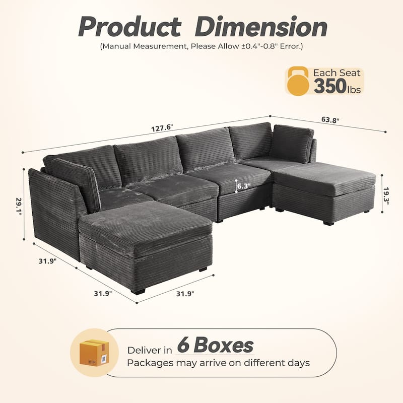 HOOOWOOO Modular U-shaped Corduroy Fabric Sectional Sofa Couch with Ottoman