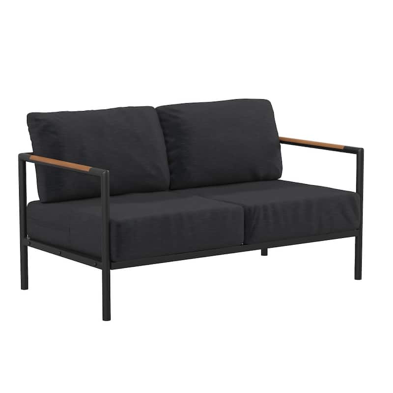 Aluminum Frame Loveseat with Teak Arm Accents and Plush Cushions - 56"W x 29.25"D x 24.5"H - Charcoal