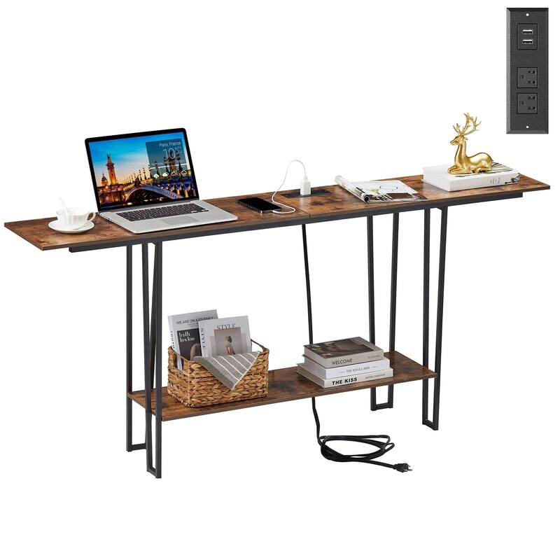 Console Table with Outlets for Entryway, Sofa Table with Wood Shelves, Industrial Entryway Table Foyer Table