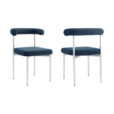 Shany Dining Chair Set of 2, Curved Back Brushed Steel, Blue Polyester