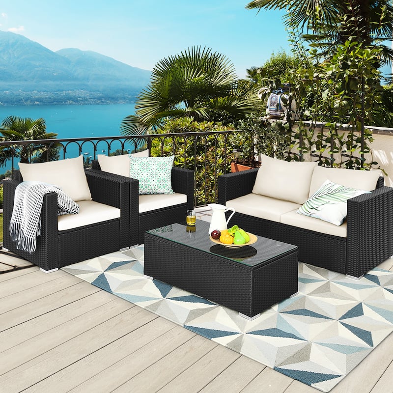 Gymax 4PCS Rattan Patio Conversation Set Outdoor Furniture Set w/ - White, Black - See details