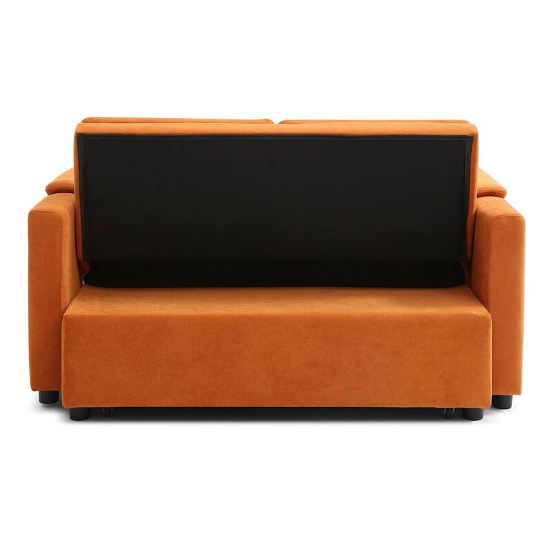Orange Pull-Out Sofa Bed with USB Ports & Pockets, Reclining Loveseat Sleeper Sofa Couch with Adjustable Backrest