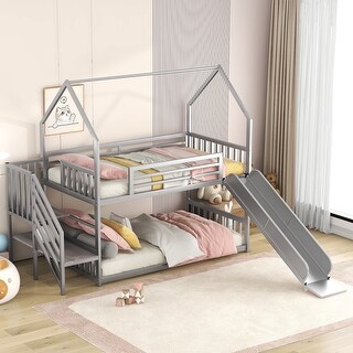 House-Design Twin over Twin Metal Bunk Bed with Slide and Staircase,Modern Style