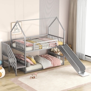 Twin Over Twin-Size Metal Bunk Bed House-Shape-Bed w/Slide, Staircase