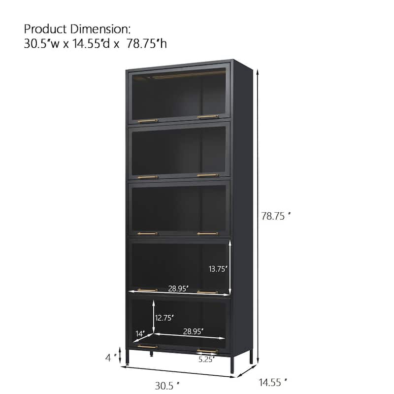 78.75'' Tall Iron Display Cabinet with Glass Doors, 5-Tier Steel Barister Bookcase with LED Lights for Collectibles